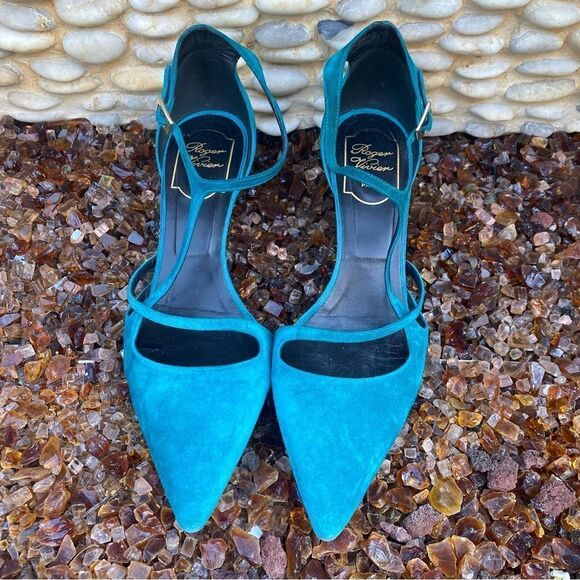 Roger Vivier Paris Teal Blue Suede Shoes/Sandals. Size 8.5. Made in Italy. EUC! - Picture 3 of 10